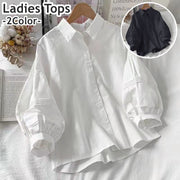 シャツ ブラウス 長袖 バルーンスリーブ レディース 女性 婦人 トップス 襟あり シンプル 無地 単色 おしゃれ きれいめ オフィス ブラック ホワイト 黒 白