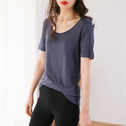 Tシャツ レディース トップス カットソー 半袖 クルーネック 背中開き 黒 白 ピンク おしゃれ かわいい 普段使い 無地 シンプル