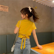 半袖カットソー バックリボン ショート丈 Tシャツ レディース トップス 背中魅せ クルーネック 無地 カジュアル ホワイト ブラック グリーン パープル