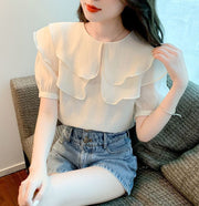 ブラウス 半袖 プルオーバー レディース 婦人服 トップス シフォン パフスリーブ ビッグカラー フリル襟 ラウンドネック ボリューム袖 女性 無地 可愛い フェミニン おしゃれ