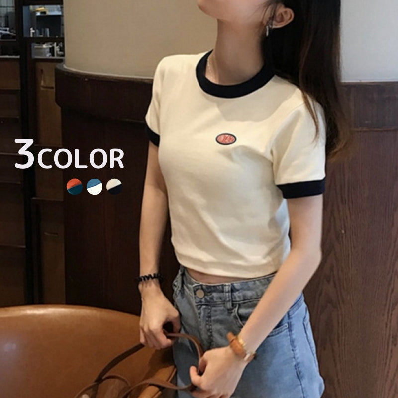 カットソー 半袖 クルーネック 丸首 トップス レディース 女性 婦人服 ミニ丈 ショート丈 クロップド丈 Tシャツ ワンポイント おしゃれ かわいい カジュアル