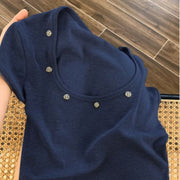 カットソー Tシャツ 半袖 レディース 女性 婦人 トップス Uネック 丸首 デコボタン付き 無地 単色 シンプル カジュアル おしゃれ