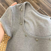 カットソー Tシャツ 半袖 レディース 女性 婦人 トップス Uネック 丸首 デコボタン付き 無地 単色 シンプル カジュアル おしゃれ