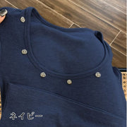 カットソー Tシャツ 半袖 レディース 女性 婦人 トップス Uネック 丸首 デコボタン付き 無地 単色 シンプル カジュアル おしゃれ