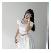 Tシャツ 半袖 レディース 女性用 婦人服 トップス カットソー チビT ショート丈 へそ出し スクープドネック 大きいサイズ