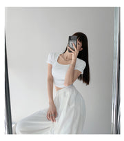 Tシャツ 半袖 レディース 女性用 婦人服 トップス カットソー チビT ショート丈 へそ出し スクープドネック 大きいサイズ