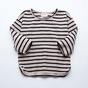 カットソー Tシャツ 長袖 キッズ トップス 子供服 女の子 ロングTシャツ 中袖 プルオーバー 丸首 ラウンドネック ボーダー ストライプ ふんわり シンプル おしゃれ かわいい お出掛け ガールズ