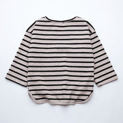 カットソー Tシャツ 長袖 キッズ トップス 子供服 女の子 ロングTシャツ 中袖 プルオーバー 丸首 ラウンドネック ボーダー ストライプ ふんわり シンプル おしゃれ かわいい お出掛け ガールズ