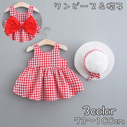 ワンピース ハット 2点セット ベビー キッズ 子供用 女の子 ノースリーブ 袖なし ラウンドネック ビッグリボン バックリボン ギンガムチェック チェック柄 格子柄 ギャザー Aライン フレア リボン 帽子 ぼうし お洒落 かわいい お出かけ 普段使い 女児 子供服