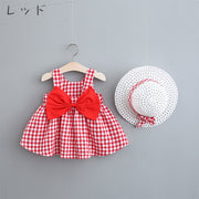 ワンピース ハット 2点セット ベビー キッズ 子供用 女の子 ノースリーブ 袖なし ラウンドネック ビッグリボン バックリボン ギンガムチェック チェック柄 格子柄 ギャザー Aライン フレア リボン 帽子 ぼうし お洒落 かわいい お出かけ 普段使い 女児 子供服