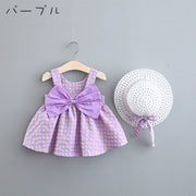 ワンピース ハット 2点セット ベビー キッズ 子供用 女の子 ノースリーブ 袖なし ラウンドネック ビッグリボン バックリボン ギンガムチェック チェック柄 格子柄 ギャザー Aライン フレア リボン 帽子 ぼうし お洒落 かわいい お出かけ 普段使い 女児 子供服