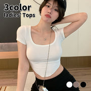 カットソー 半袖 レディース トップス 単品 スクエアネック 無地 単色 リブ ショート丈 Tシャツ 定番 着回し フィット セクシー シンプル 可愛い カジュアル おしゃれ お出かけ 女の子 女性用 婦人服 白 黒 ブラウン