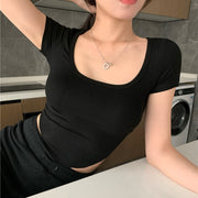 カットソー 半袖 レディース トップス 単品 スクエアネック 無地 単色 リブ ショート丈 Tシャツ 定番 着回し フィット セクシー シンプル 可愛い カジュアル おしゃれ お出かけ 女の子 女性用 婦人服 白 黒 ブラウン