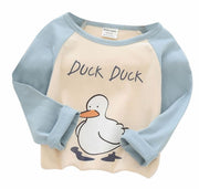 Tシャツ カットソー 長袖 トップス キッズ ベビー 男の子 女の子 丸襟 プリント柄 ネズミ アヒル クマ モンスター イチゴ アニマル フルーツ ツートンカラー シンプル ポップ カジュアル おしゃれ かわいい お出かけ 子供用 子供服 80cm 90cm 100cm 110cm 120cm 130cm