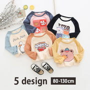 Tシャツ カットソー 長袖 トップス キッズ ベビー 男の子 女の子 丸襟 プリント柄 ネズミ アヒル クマ モンスター イチゴ アニマル フルーツ ツートンカラー シンプル ポップ カジュアル おしゃれ かわいい お出かけ 子供用 子供服 80cm 90cm 100cm 110cm 120cm 130cm