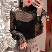 ブラウス レディース 女性 トップス 長袖 ハイネック プルオーバー フリル襟 フリル袖 シースルー 透け 薄手 ドット 水玉 シフォン生地 フェミニン ガーリー 可愛い かわいい キュート ポップ カジュアル おしゃれ 春 夏 秋
