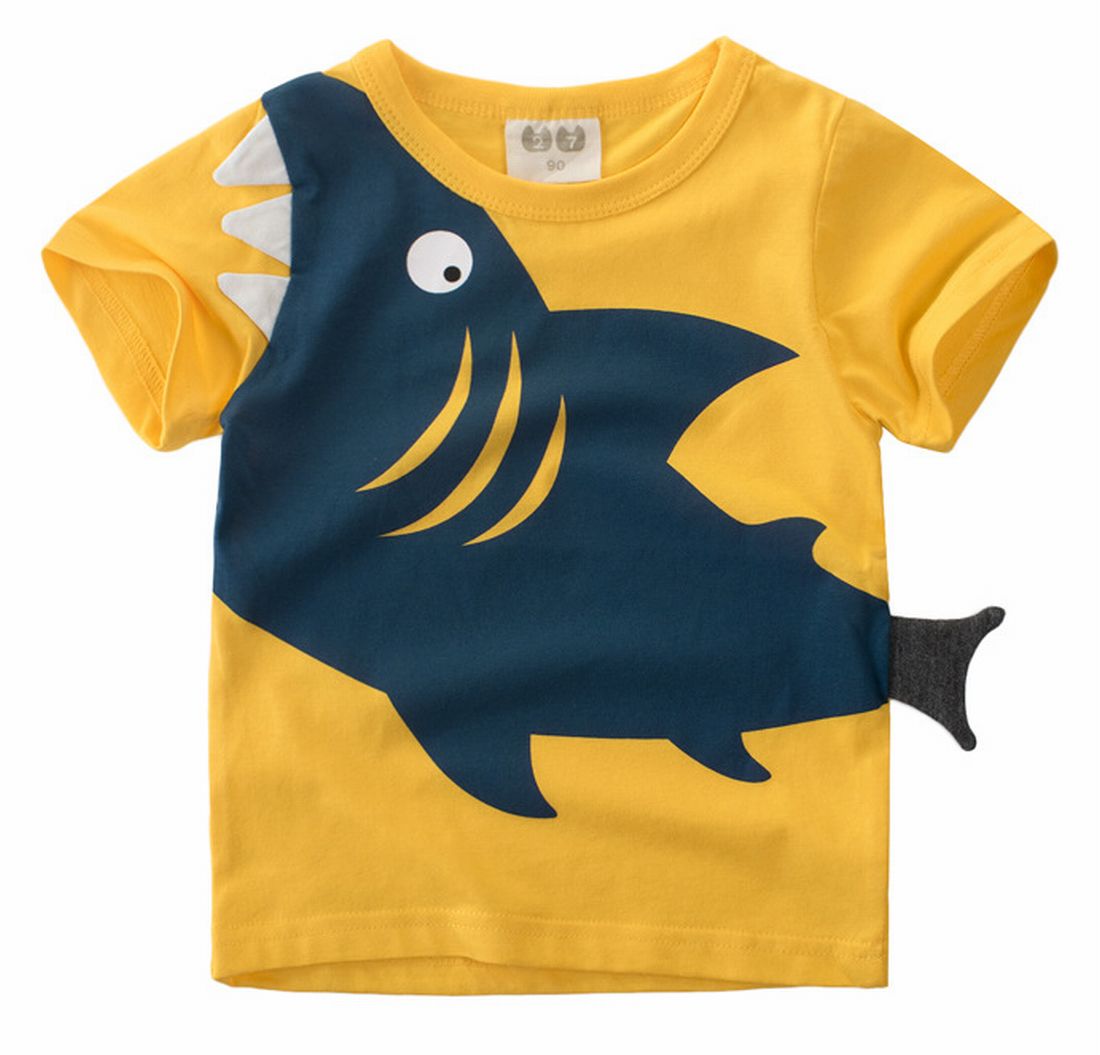 Tシャツ 半袖 ラウンドネック 丸首 丸襟 子供用 トップス カットソー プリント サメ 鮫 シャーク かっこいい カッコイイ 男の子 男児 キッズ 子供服 子ども服 こども服 高学年 90cm 100cm 110cm 120cm 130cm 140cm 黄色 緑
