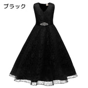 ドレス ワンピース ノースリーブ キッズ ジュニア 女の子 フレア 膝上丈 膝丈 ミディ Vネック ハイウエスト リボン 背中ファスナー 光沢 レース ラインストーン 華やか おしゃれ フォーマル 発表会 パーティー 上品 お呼ばれ お出かけ