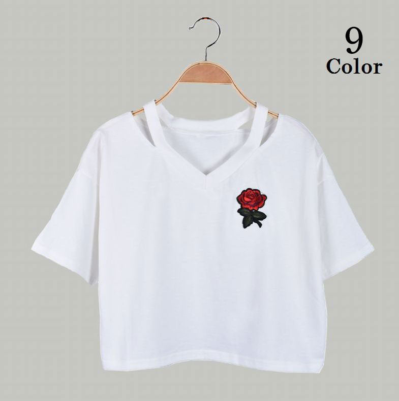 刺繍入り半袖Tシャツ ショート丈 ネックデザインTシャツ 薔薇 カットソー Vネック 肌見せ スポーティー 夏 サマー シンプル トップス カジュアル レディース