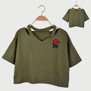 刺繍入り半袖Tシャツ ショート丈 ネックデザインTシャツ 薔薇 カットソー Vネック 肌見せ スポーティー 夏 サマー シンプル トップス カジュアル レディース