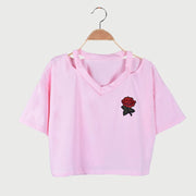 刺繍入り半袖Tシャツ ショート丈 ネックデザインTシャツ 薔薇 カットソー Vネック 肌見せ スポーティー 夏 サマー シンプル トップス カジュアル レディース
