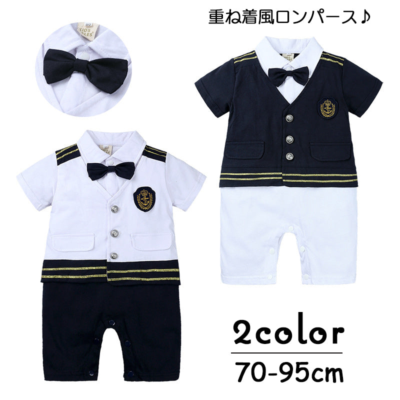 カバーオール ロンパース つなぎ 半袖 ベビー 赤ちゃん 男の子 女の子 制服風 重ね着風 蝶ネクタイ コスプレ 長ズボン かっこいい おしゃれ かわいい ハロウィン ギフト プレゼント 贈り物 お出かけ フェイクレイヤード パーティー コスチューム 部屋着 パジャマ ルームウェア 男児 女児 子ども こども