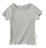 半袖カットソー リブニット 子供服 キッズ ベビー 男の子 女の子 シンプル メローネック メロウフリル ニットソー 重ね着 かわいい 可愛い リンクコーデ 春夏 着まわし ヘビロテ 通園 通学