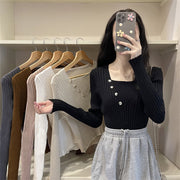 リブニット セーター レディース 婦人服 トップス 長袖 スクエアネック ボタン 無地 シンプル フィット スリム おしゃれ かわいい デイリー 普段使い オフィスカジュアル 通勤