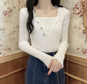 リブニット セーター レディース 婦人服 トップス 長袖 スクエアネック ボタン 無地 シンプル フィット スリム おしゃれ かわいい デイリー 普段使い オフィスカジュアル 通勤