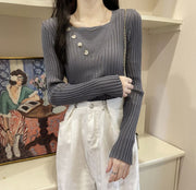リブニット セーター レディース 婦人服 トップス 長袖 スクエアネック ボタン 無地 シンプル フィット スリム おしゃれ かわいい デイリー 普段使い オフィスカジュアル 通勤