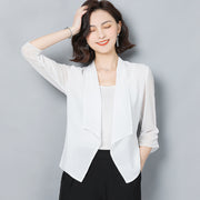 ジャケット レディース 女性用 トップス シフォン レース 七分袖 前開き 羽織り 薄手 透け感 シースルー 無地 単色 おしゃれ