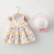 ワンピース Aライン フレア 帽子付き 2点セット キッズ 子供服 ベビー 赤ちゃん 女の子 ノースリーブ 袖なし 膝丈 羽根つき サクランボ 王冠 総柄 プリント入り ギャザー ラウンドネック 切り替え 麦わら風帽子 ハット かわいい ふんわり キュート ガーリー おしゃれ ナチュラル ヘビロテ お出かけ 発表会 通園 通学 ピンク 黄 赤