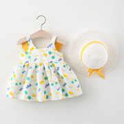 ワンピース Aライン フレア 帽子付き 2点セット キッズ 子供服 ベビー 赤ちゃん 女の子 ノースリーブ 袖なし 膝丈 羽根つき サクランボ 王冠 総柄 プリント入り ギャザー ラウンドネック 切り替え 麦わら風帽子 ハット かわいい ふんわり キュート ガーリー おしゃれ ナチュラル ヘビロテ お出かけ 発表会 通園 通学 ピンク 黄 赤
