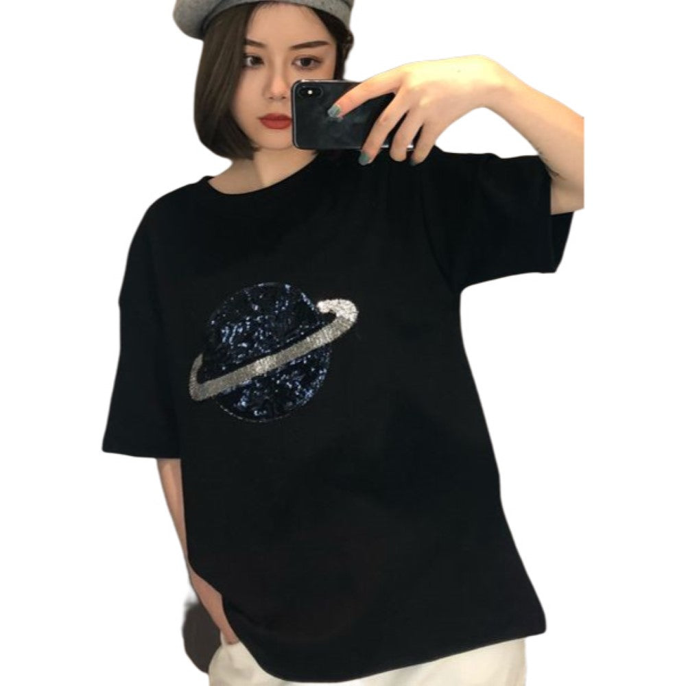 半袖Tシャツ レディース 婦人服 カットソー 土星 スパンコール ビジュー オーバーサイズ ゆったり カジュアル おしゃれ