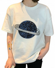 半袖Tシャツ レディース 婦人服 カットソー 土星 スパンコール ビジュー オーバーサイズ ゆったり カジュアル おしゃれ