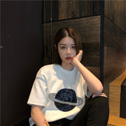 半袖Tシャツ レディース 婦人服 カットソー 土星 スパンコール ビジュー オーバーサイズ ゆったり カジュアル おしゃれ