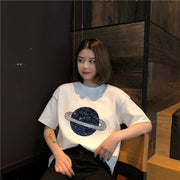半袖Tシャツ レディース 婦人服 カットソー 土星 スパンコール ビジュー オーバーサイズ ゆったり カジュアル おしゃれ