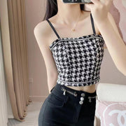 キャミソール パッド付き ブラトップ レディース 婦人服 トップス 千鳥格子柄 チェック柄 ギャザー ノースリーブ おしゃれ ショート丈 着丈短め かわいい インナー