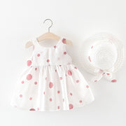 ワンピース Aライン フレア 帽子付き 2点セット キッズ 子供服 ベビー 赤ちゃん 女の子 ノースリーブ 袖なし 膝丈 リボン 花 フラワー モチーフ 水玉 ドット 総柄 ギャザー 切り替え 麦わら風帽子 ハット かわいい ふんわり キュート ガーリー おしゃれ ナチュラル ヘビロテ お出かけ 通園 通学 ピンク 黄 緑