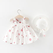 ワンピース Aライン フレア 帽子付き 2点セット キッズ 子供服 ベビー 赤ちゃん 女の子 ノースリーブ 袖なし 膝丈 リボン 花 フラワー モチーフ 水玉 ドット 総柄 ギャザー 切り替え 麦わら風帽子 ハット かわいい ふんわり キュート ガーリー おしゃれ ナチュラル ヘビロテ お出かけ 通園 通学 ピンク 黄 緑