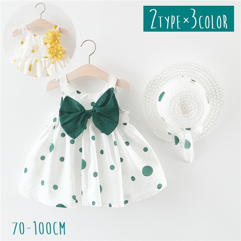 ワンピース Aライン フレア 帽子付き 2点セット キッズ 子供服 ベビー 赤ちゃん 女の子 ノースリーブ 袖なし 膝丈 リボン 花 フラワー モチーフ 水玉 ドット 総柄 ギャザー 切り替え 麦わら風帽子 ハット かわいい ふんわり キュート ガーリー おしゃれ ナチュラル ヘビロテ お出かけ 通園 通学 ピンク 黄 緑
