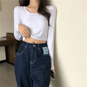 カットソー 長袖 レディース 女性 トップス Uネック ショート丈 へそ出し プルオーバー 大きいサイズ 単色 無地 シンプル カジュアル