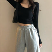 カットソー 長袖 レディース 女性 トップス Uネック ショート丈 へそ出し プルオーバー 大きいサイズ 単色 無地 シンプル カジュアル