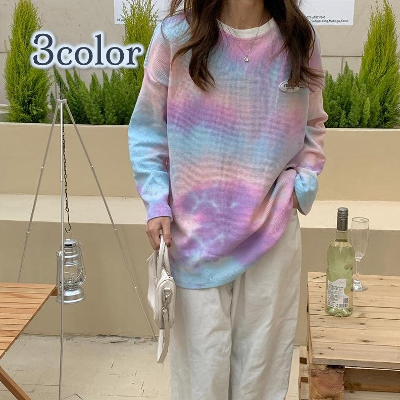 カットソー 長袖 トップス Tシャツ ドロップショルダー ワッフル生地 レディース 女性 タイダイ ロングスリーブ かわいい おしゃれ カジュアル プルオーバー ラウンドネック 着回し 婦人用