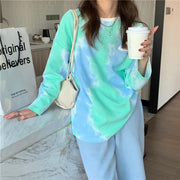 カットソー 長袖 トップス Tシャツ ドロップショルダー ワッフル生地 レディース 女性 タイダイ ロングスリーブ かわいい おしゃれ カジュアル プルオーバー ラウンドネック 着回し 婦人用