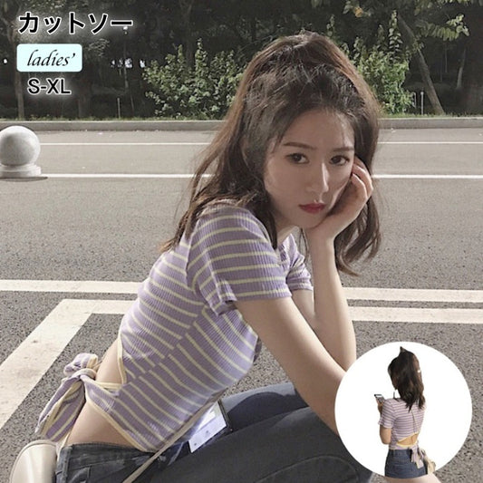 カットソー レディース トップス バックリボン バックレス 半袖 商品画像