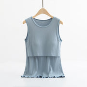 授乳服 マタニティウェア レディース トップス タンクトップ ノースリーブ フロントクロス カップ付きインナー 無地 リブ シンプル ラウンドネック メロウフリル