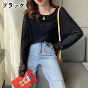 日焼け対策シアートップス  レディース 女性 トップス 長袖 丸首 ラウンドネック ボートネック プルオーバー 薄手 シースルー 透け感 無地 シンプル カジュアル ラフ フェミニン 可愛い かわいい キュート おしゃれ 春 夏 旅行 プール