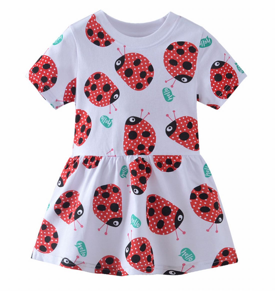 ワンピース 膝丈 Aライン フレア キッズ 子供服 ベビー 赤ちゃん 女の子 半袖 ラウンドネック プリント入り 総柄 テントウムシ てんとう虫 ドット 英字入り ギャザー フリル おしゃれ かわいい ふんわり キュート ガーリー カジュアル 定番 ヘビロテ お出かけ 夏 白