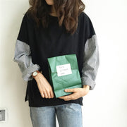 カットソー シャツ 生地切り替え レディース 女性 トップス 長袖 ラウンドネック スリット 無地 ストライプ柄 ゆるシルエット シンプル ロングTシャツ お洒落 お出かけ 普段使い 婦人用
